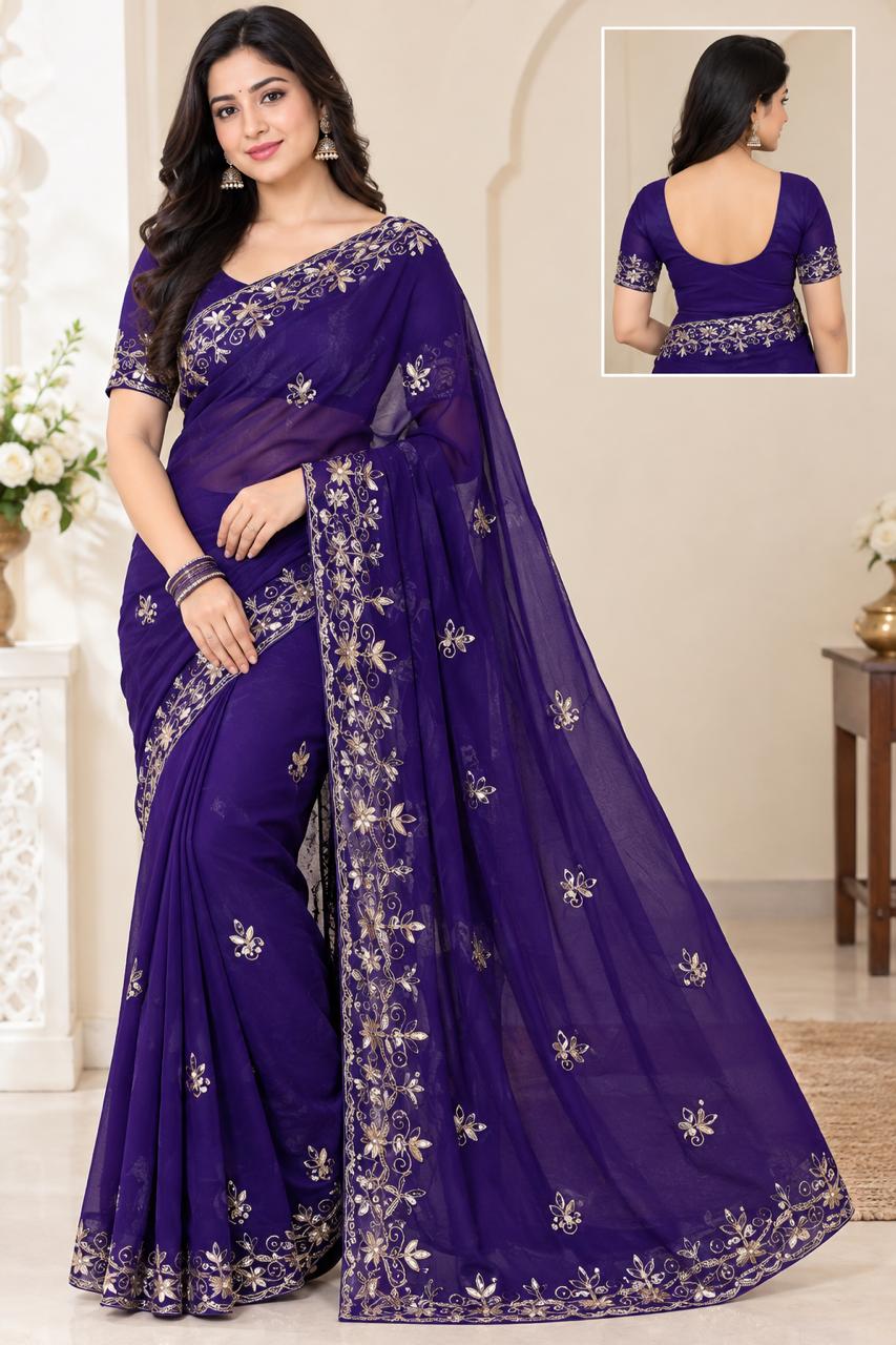 Purple saree with gold floral embroidery