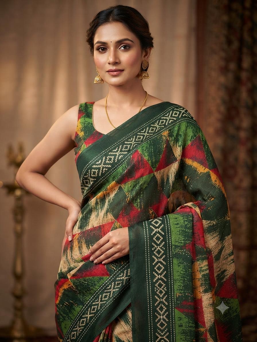 Forest Green Printed Saree